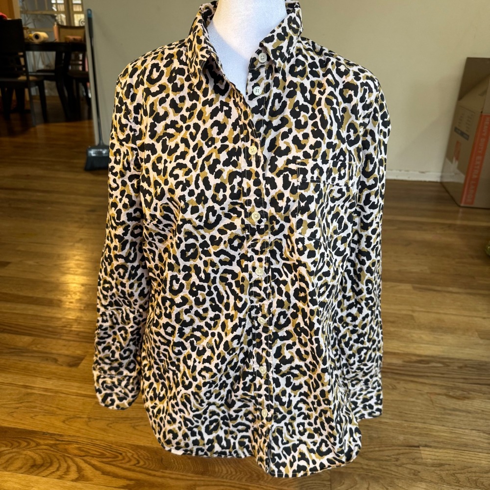 J.Crew Womens Leopard Print Button Down‎ Shirt Cotton Long Sleeve Tan Black M